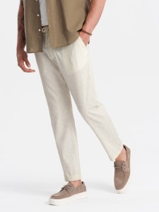 Podwijane męskie spodnie chino z dodatkiem lnu – kremowe V2 OM-PACP-0198 - XXL