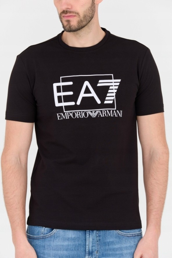 EA7 Czarny męski t-shirt z dużym białym logo