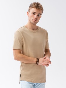 T-shirt męski bawełniany z nadrukiem - beżowy V2 S1387 - S