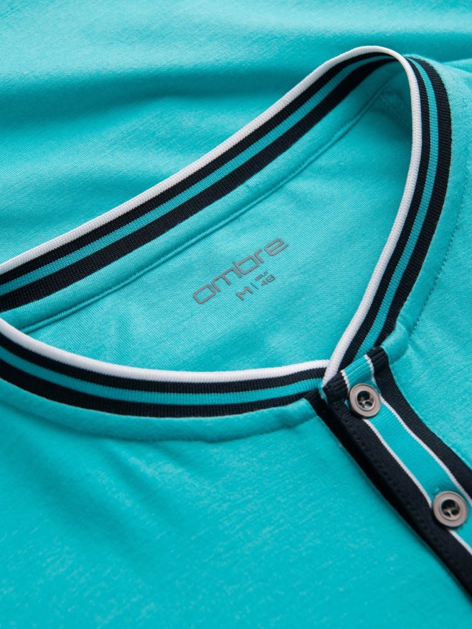 T-shirt męski henley ozdobnymi ściągaczami - turkusowy V7 OM-TSCT-0175 - XXL