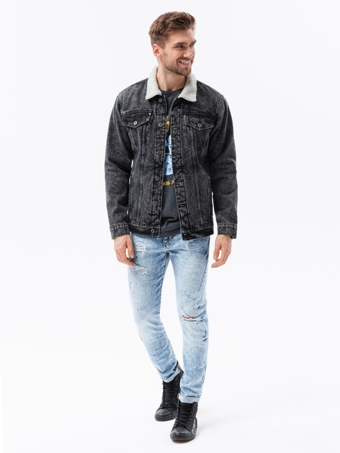 Kurtka męska jeansowa typu sherpa - czarna V3 OM-JADJ-0125 - XL