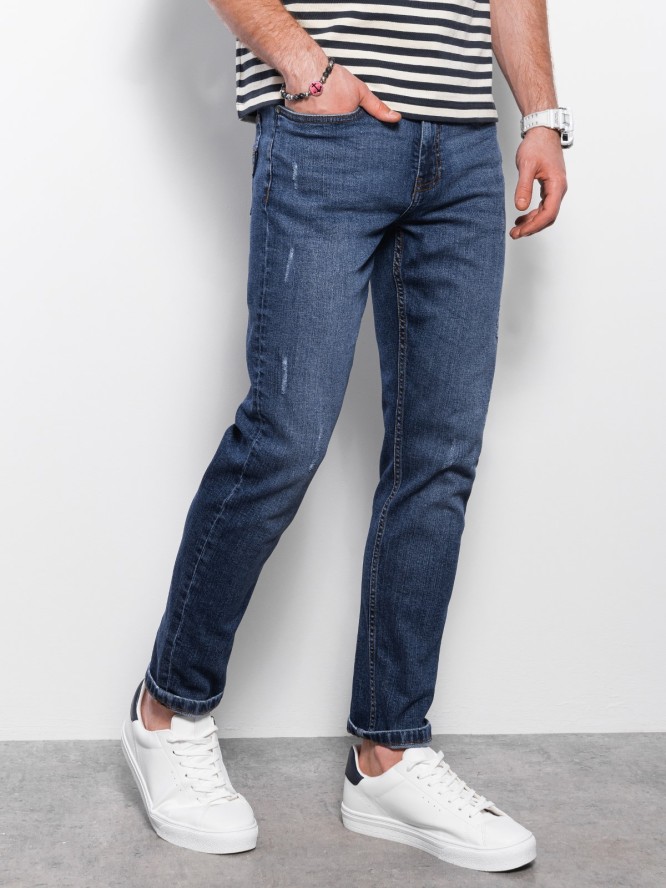 Spodnie męskie jeansowe z przetarciami REGULAR FIT - ciemnoniebieskie V4 OM-PADP-0102 - XL