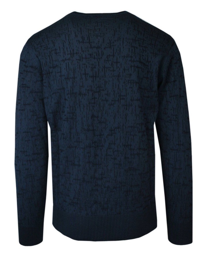 Sweter Ciemny Niebieski w Serek, Wzór Geometryczny, V-neck, Męski -TRIKKO