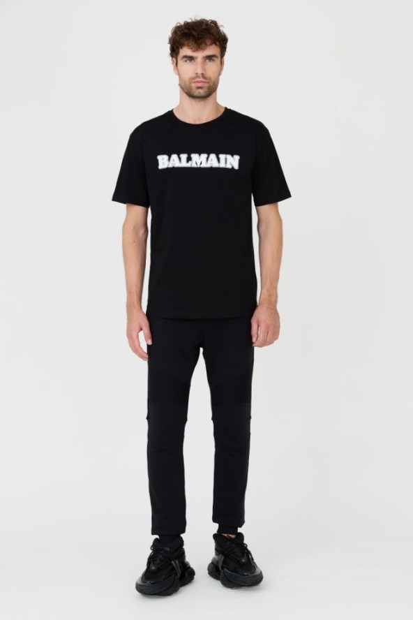 BALMAIN Czarny t-shirt z białym logo Retro Balmain Flock