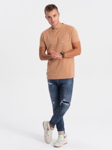 T-shirt męski bawełniany z kieszonką - jasnobrązowy V7 OM-TSPT-0154 - XXL