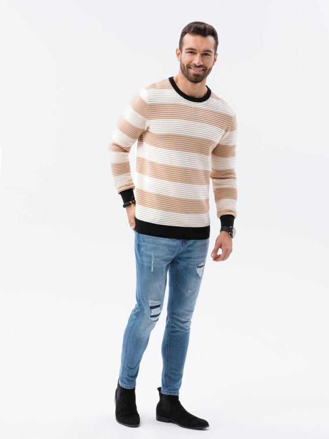 Sweter męski w paski - beżowy V8 E189 - XXL