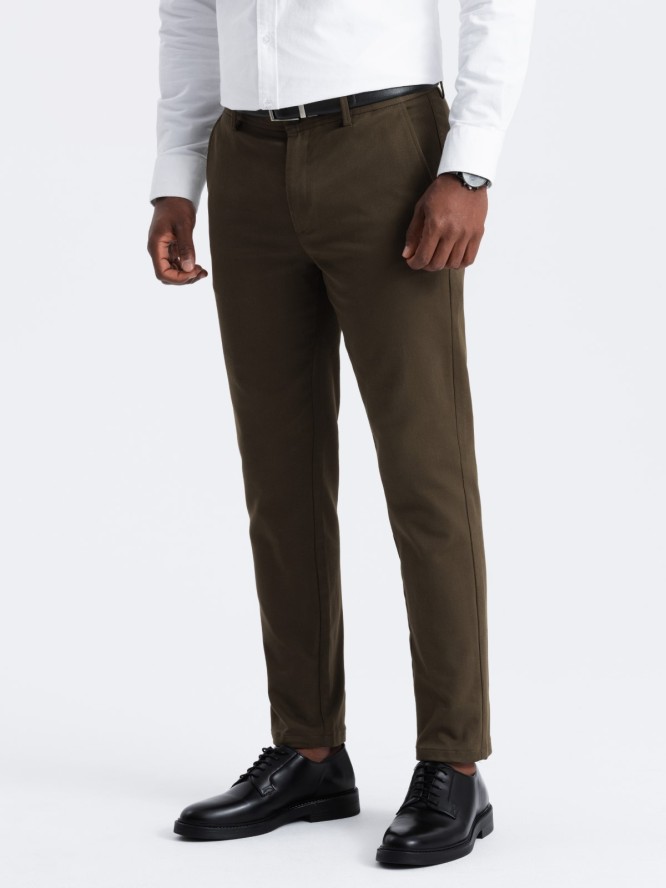 Spodnie męskie chino SLIM FIT z delikatną teksturą - ciemnooliwkowe V4 OM-PACP-0190 - XXL