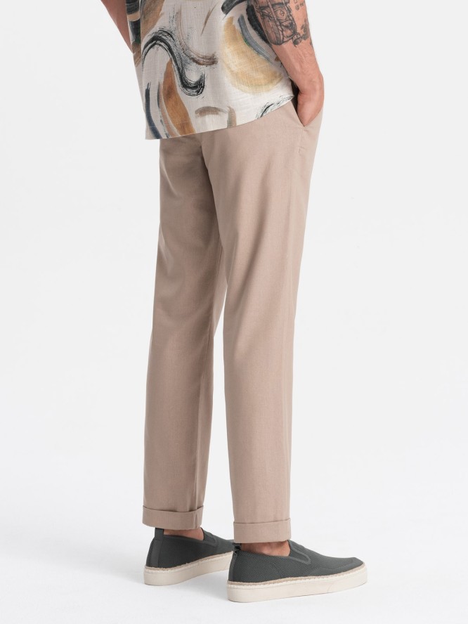 Męskie podwijane spodnie chino z dodatkiem lnu – jasnobrązowe V3 OM-PACP-0198 - XXL