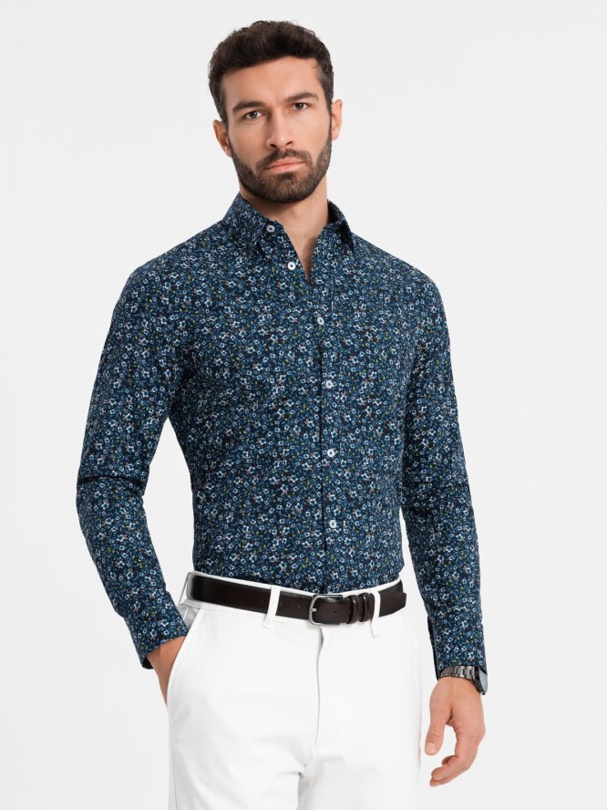 Męska koszula bawełniana we wzory SLIM FIT - ciemnoniebieska V1 OM-SHCS-0151 - XL