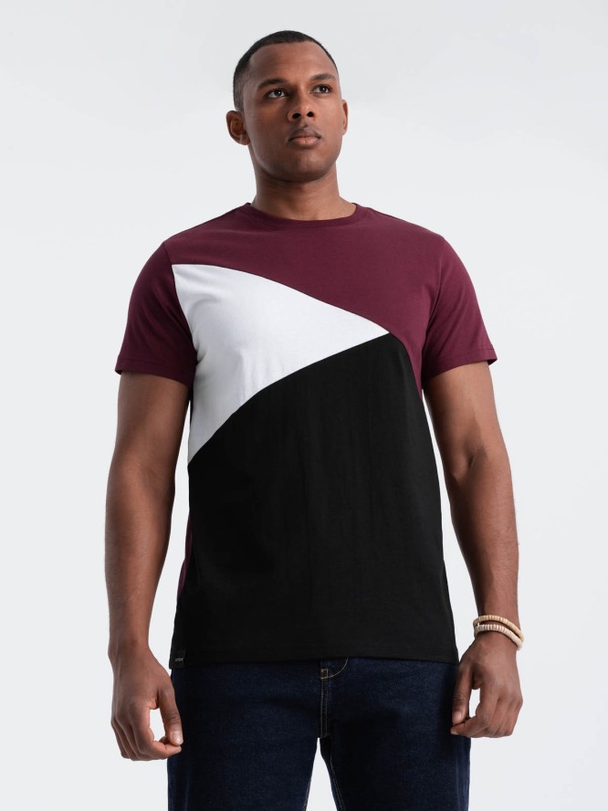 Męski t-shirt trójkolorowy bawełniany - bordowo-czarny V5 OM-TSCT-0174 - XXL