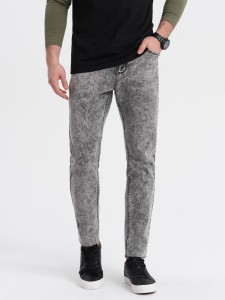 Spodnie męskie jeansowe marmurkowe z surowo wykończoną nogawką SLIM FIT - szare V1 OM-PADP-0146 - XXL