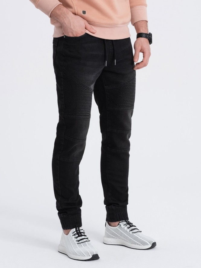 Spodnie męskie joggery jeansowe z przeszyciami - czarne V3 OM-PADJ-0113 - XXL