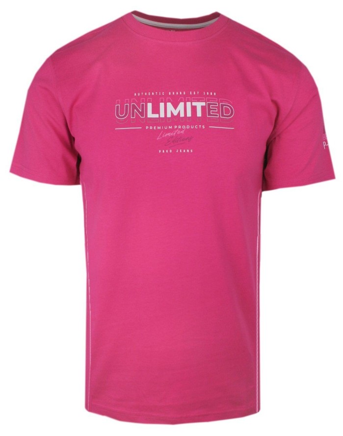 T-Shirt Męski - Róż, Magenta z Nadrukiem - Pako Jeans
