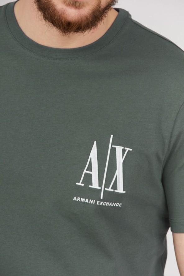 ARMANI EXCHANGE Szaro-zielony t-shirt męski z wyszywanym logo