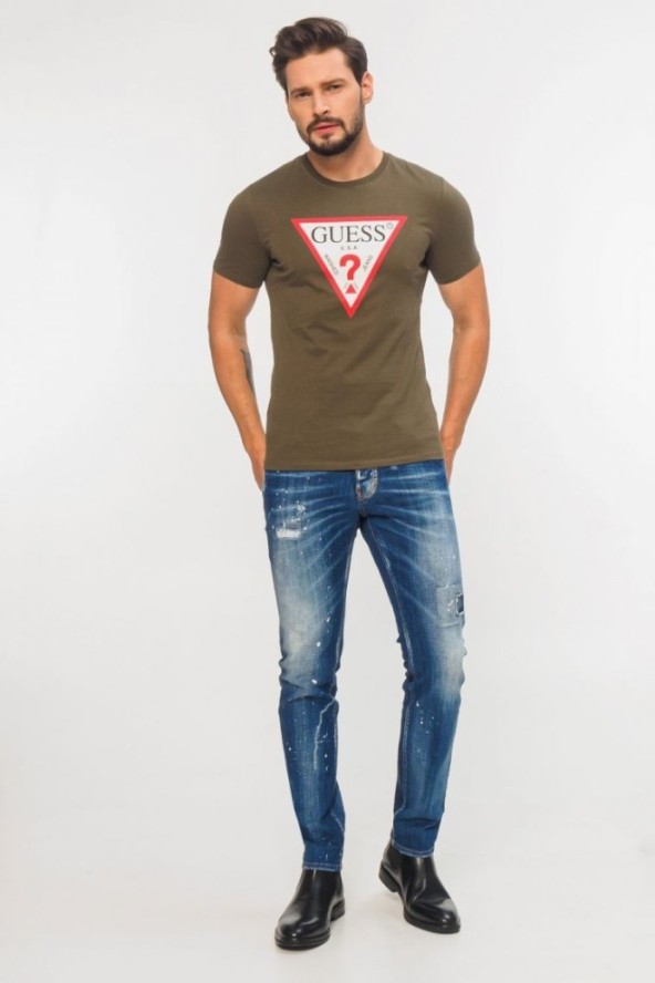 GUESS Zielony t-shirt męski z dużym trójkątnym logo