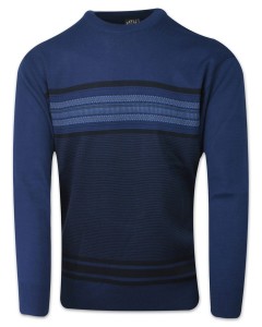 Sweter Wełniany, Niebieski w Paski, U-neck, Okrągły Dekolt, Męski -DEVIR