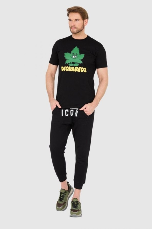 DSQUARED2 Czarny t-shirt z logo i zielonym liściem