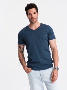 Klasyczna męska bawełniana koszulka z dekoltem w serek BASIC – ciemnoniebieska V13 OM-TSBS-0145 - XXL