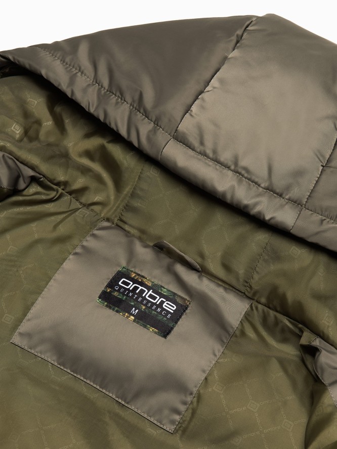 Długa zimowa kurtka męska pikowana o satynowym wykończeniu - khaki V1 OM-JALJ-0147 - XXL