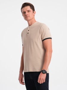 Koszulka męska polo bez kołnierzyka - beżowa V5 OM-TSCT-0156 - XXL