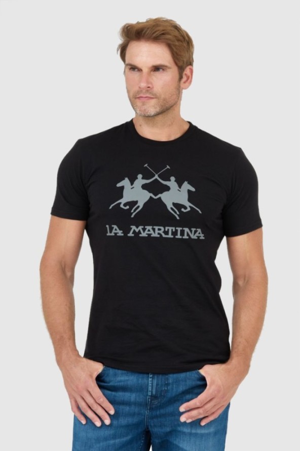 LA MARTINA Czarny t-shirt męski z szarym logo