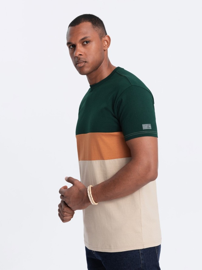 T-shirt męski trójkolorowy w szerokie pasy - zielono-beżowy V4 OM-TSCT-0152 - XXL