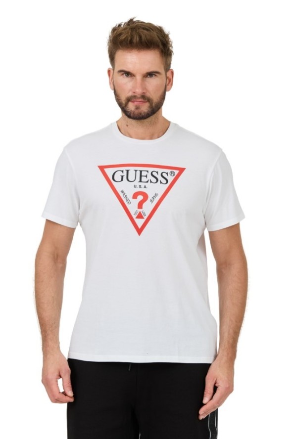 GUESS Biały t-shirt z dużym logo Clsc Tri Logo