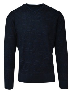 Sweter Granatowy w Serek, Wzór Geometryczny, V-neck, Męski -TRIKKO