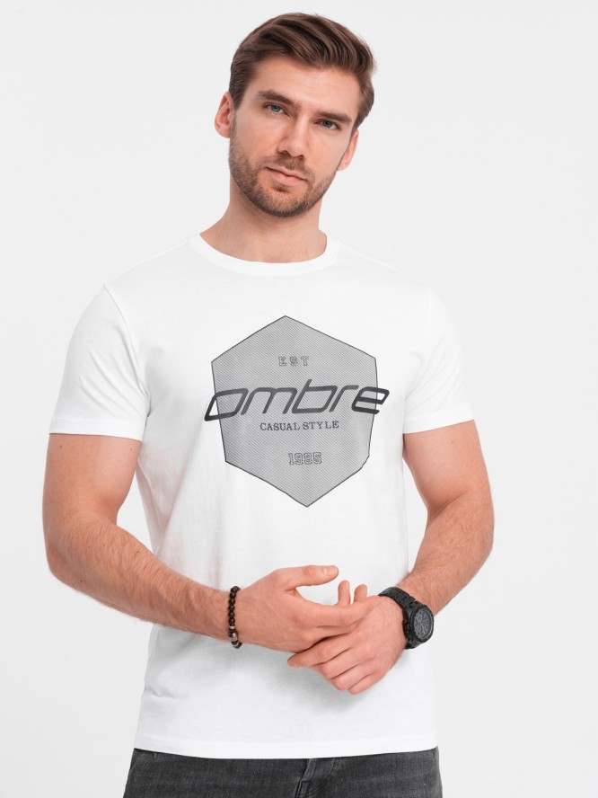 T-shirt męski bawełniany z nadrukiem geometrycznym i logotypem - biały V1 OM-TSPT-0141 - XXL