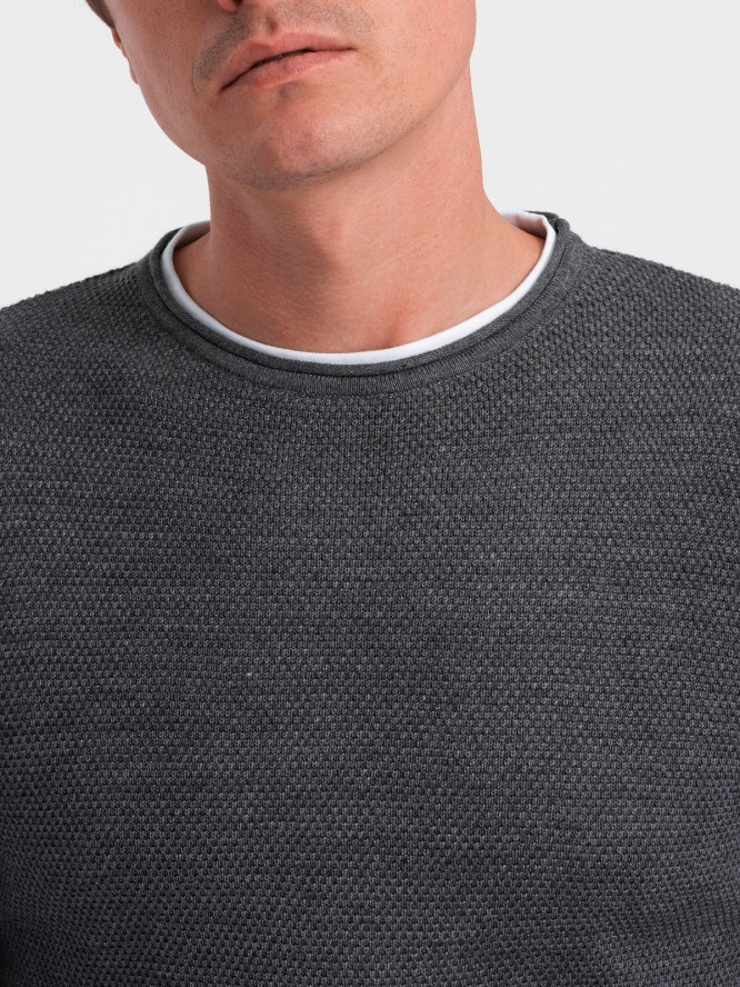 Bawełniany sweter męski z okrągłym dekoltem - grafitowy melanż V2 OM-SWSW-0103 - XXL