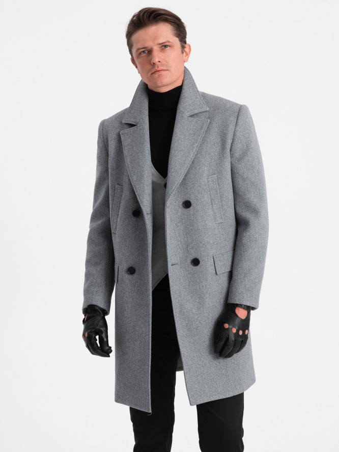 Dwurzędowy męski płaszcz z podszewką - szary V1 OM-COWC-0107 - S