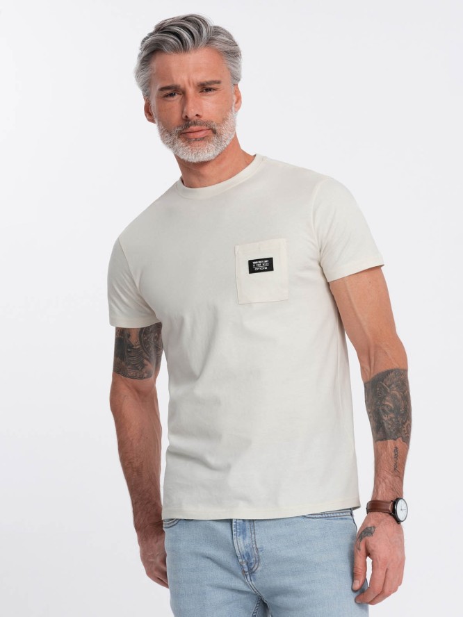 Męski casualowy t-shirt z naszytą kieszonką - kremowy V8 OM-TSCT-0109 - XXL