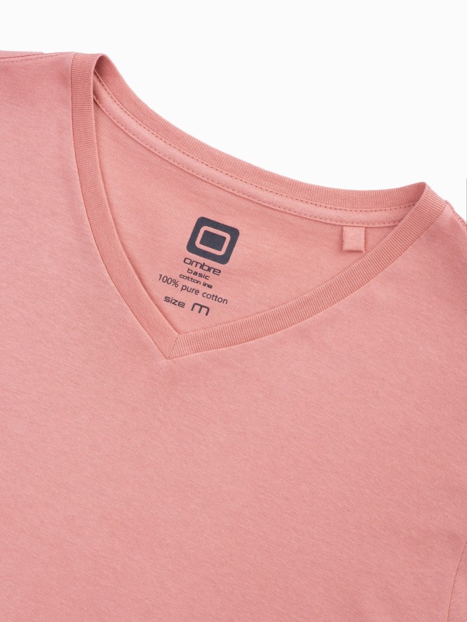 Klasyczna męska koszulka z dekoltem w serek BASIC - różowy V7 S1369 - XXL