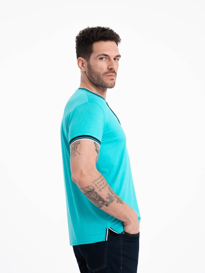T-shirt męski henley ozdobnymi ściągaczami - turkusowy V7 OM-TSCT-0175 - XXL