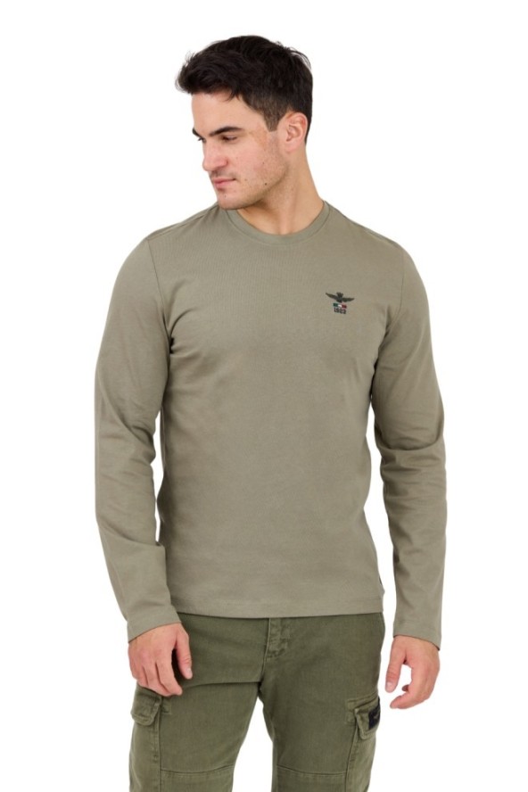 AERONAUTICA MILITARE Zielony męski longsleeve z drobnym logo