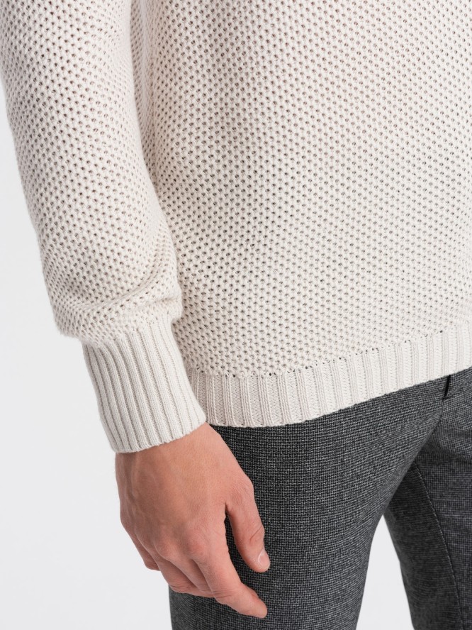 Sweter męski dzianinowy z rozpinaną stójką - kremowy V1 OM-SWZS-0105 - XXL