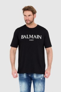 BALMAIN Czarny męski t-shirt z wypukłym gumowym logo