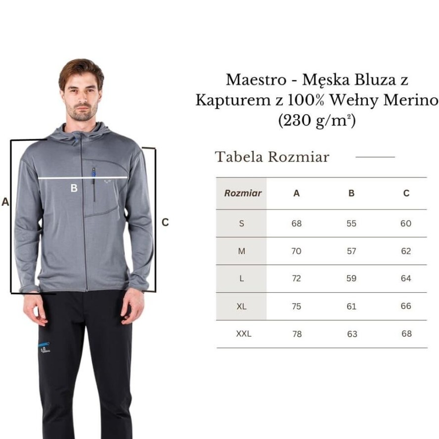 Męska Bluza z Kapturem z 100% Wełny Merino - Maestro/Woolona