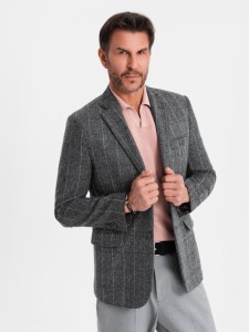 Elegancka męska marynarka w kratkę z domieszką wełny – szara V1 OM-BLZB-0137 - XXL