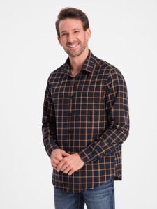 Męska flanelowa koszula w kratę SLIM FIT - granatowo-pomarańczowa V1 OM-SHCS-0145 - XXL