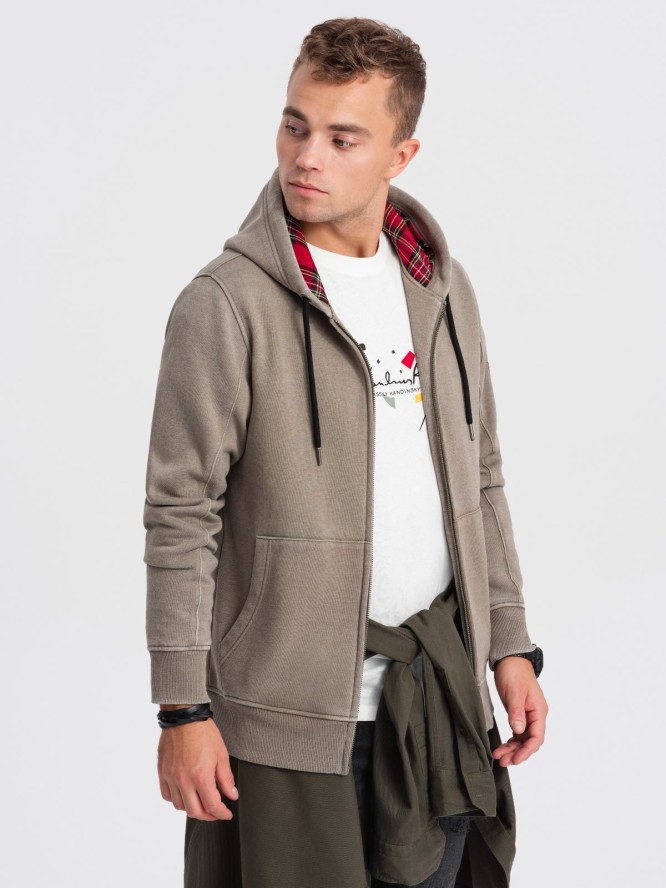 Washowana bluza męska rozpinana z kapturem - khaki V2 OM-SSDS-0110 - XL