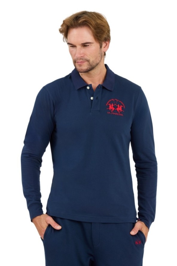 LA MARTINA Granatowy longsleeve polo Piquet Stretch