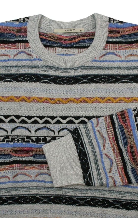 Sweter Szary z Okrągłym Dekoltem, Wzór Geometryczny, Męski, U-neck -YAMAK