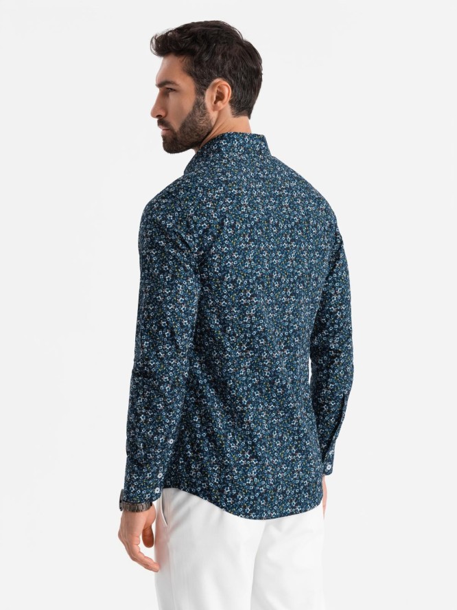 Męska koszula bawełniana we wzory SLIM FIT - ciemnoniebieska V1 OM-SHCS-0151 - XL