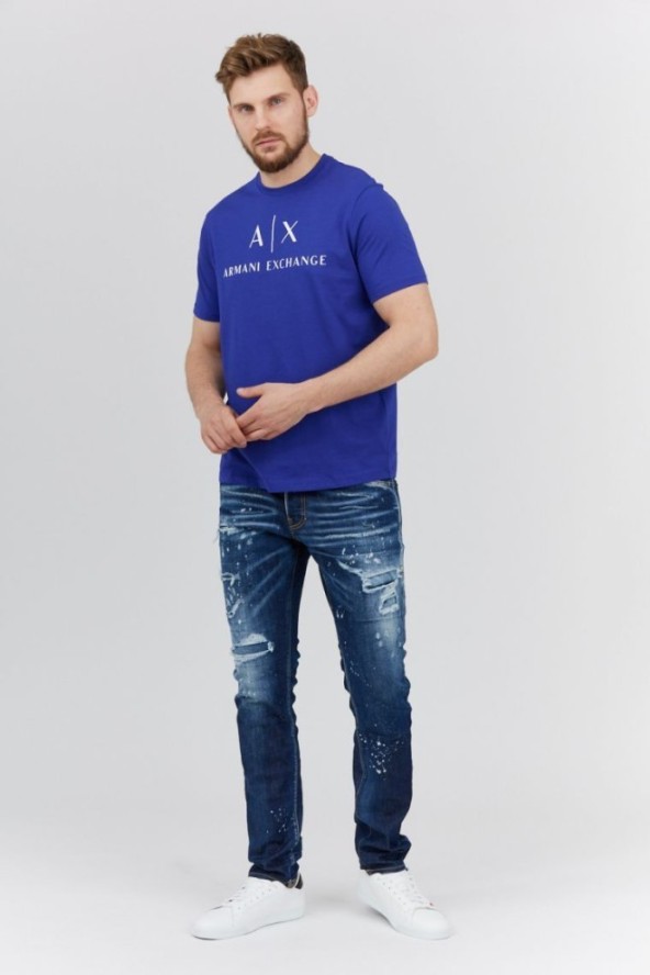 ARMANI EXCHANGE Niebieski t-shirt męski z białym logo