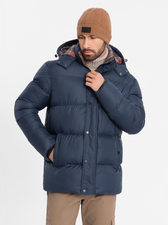 Kurtka męska puffer z podszewką w kratę – granatowa V1 OM-JAHP-0205 - XXL