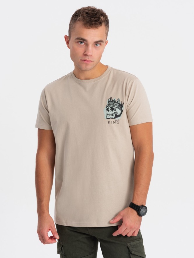 T-shirt męski bawełniany z nadrukiem na klatce piersiowej - beżowy V1 OM-TSPT-0167 - XXL