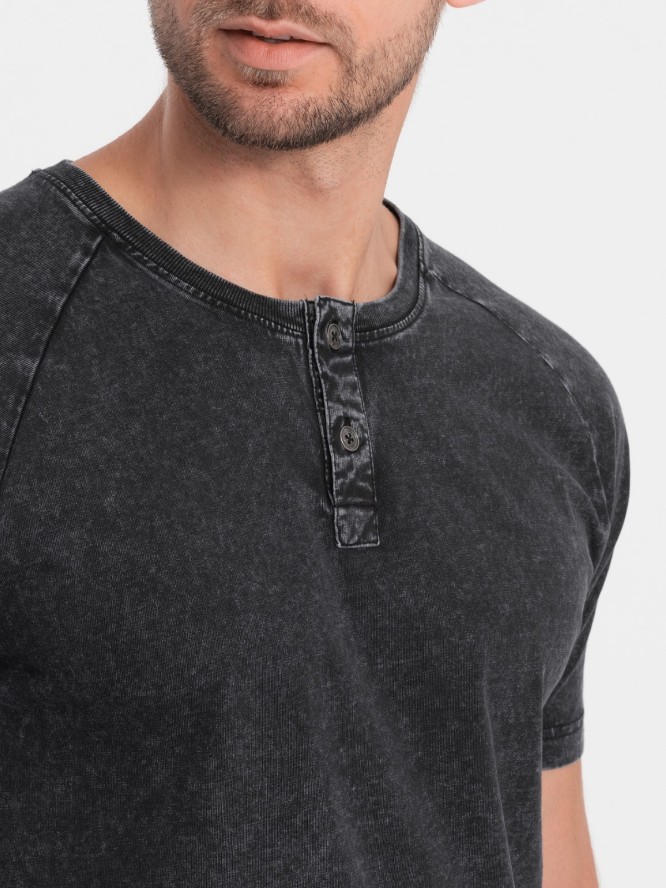 T-shirt męski z dekoltem henley - czarny V1 S1757 - L
