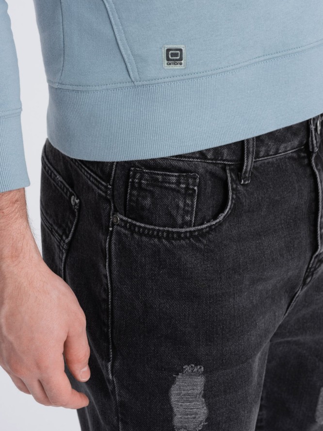 Męskie spodnie jeansowe taper fit z dziurami - czarne V2 P1028 - XXL