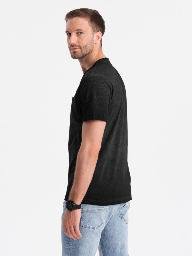 Męski t-shirt V-neck o pręgowanej strukturze z kieszonką – czarny V6 OM-TSCT-22SS-002 - XXL
